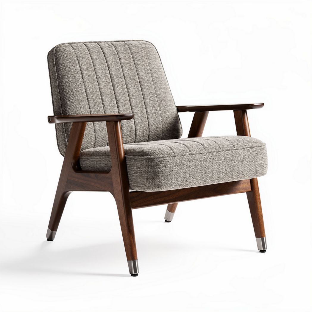 Mid-century modern armchair with upholstered grey fabric and walnut finish