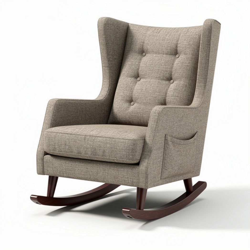 Rocking chair with upholstered fabric seat and wooden base in light gray color