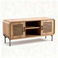Wooden media console with slatted doors and black metal legs 120 x 40 x 50cm