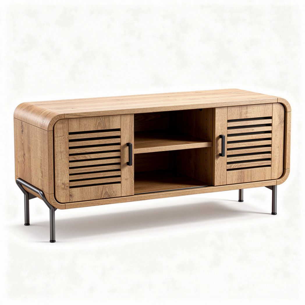Wooden media console with slatted doors and black metal legs 120 x 40 x 50cm