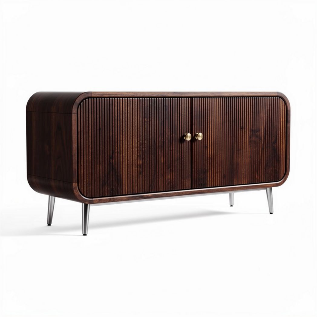 Wooden sideboard with ribbed design and gold handles 120 x 40 x 60cm