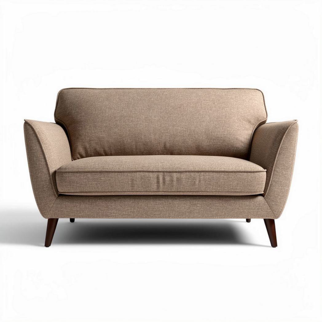 Mid-century modern two-seater sofa in light brown fabric with wooden legs