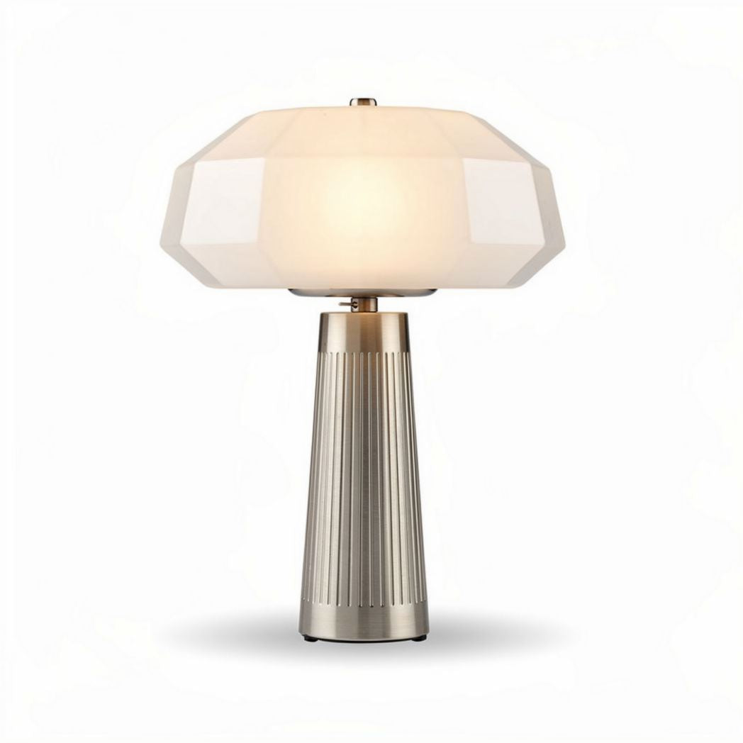 Geometric table lamp with white glass shade and silver base 30 x 30 x 50cm