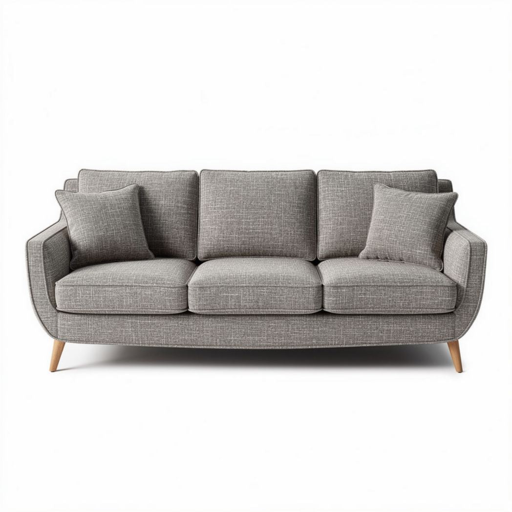 Gray fabric sofa with wooden legs and four cushions 200 x 90 x 85cm