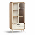 Wood and glass storage cabinet with two drawers and adjustable shelves 60 x 40 x 180cm