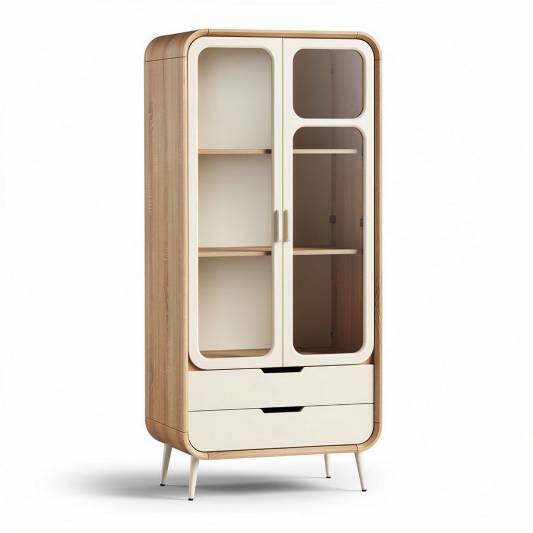Wood and glass storage cabinet with two drawers and adjustable shelves 60 x 40 x 180cm