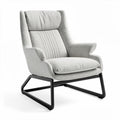 Modern upholstered accent chair with high backrest and metal frame in light gray
