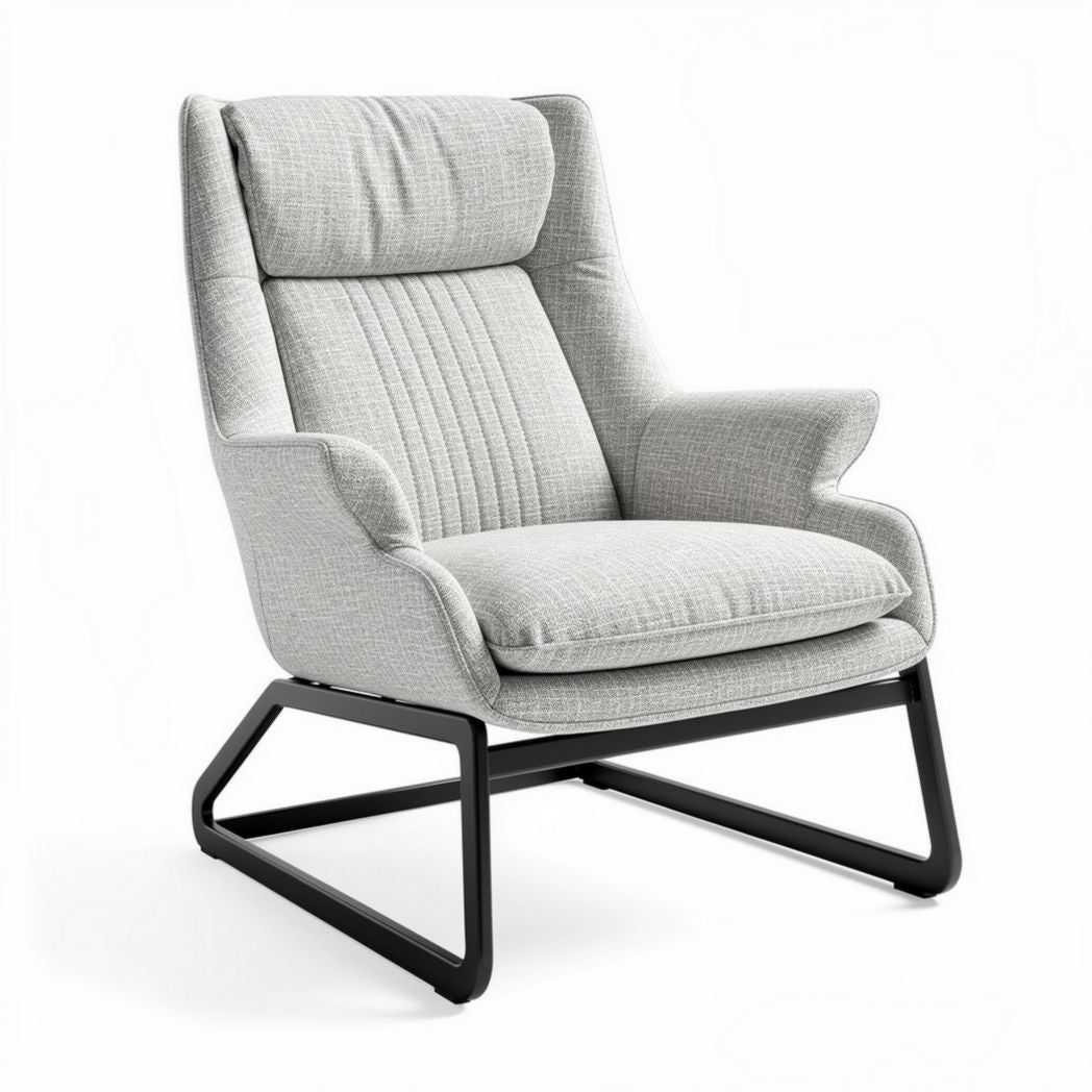 Modern upholstered accent chair with high backrest and metal frame in light gray